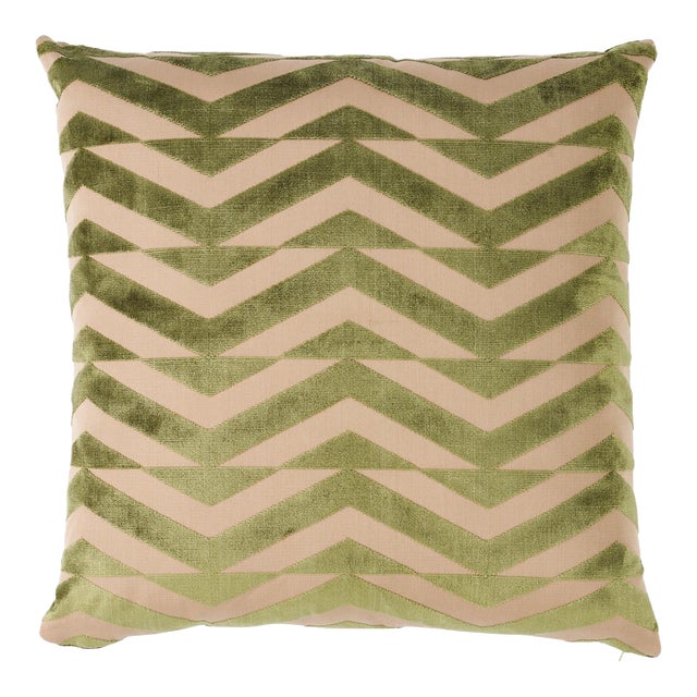 Schumacher x Miles Redd Broken Chevron Cut Velvet 20" Pillow in Olive on Khaki For Sale
