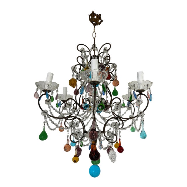 Murano Fruit Multi Color Drops Macaroni Swags Crystal Prisms Chandelier Italian For Sale
