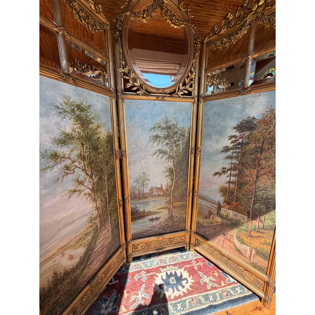 Gold Antique French Giltwood Three-Panel Folding Screen With Hand-Painted Landscapes and Mirror, Circa 1900 For Sale - Image 8 of 9