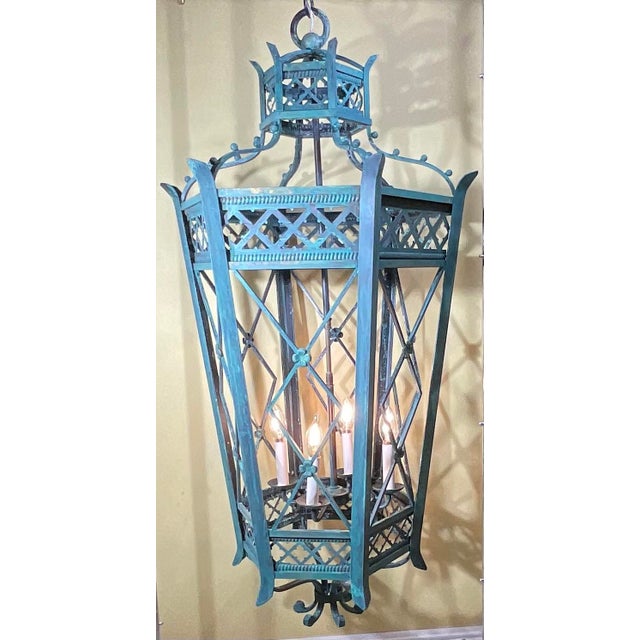 Exquisite Large Hand-Forged Iron Lantern – Verdigris Patina - 47” High X 24”Wide For Sale In Miami - Image 6 of 18