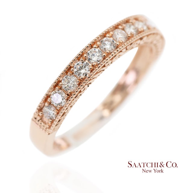 Metal 14k 585 Solid Rose Gold Side Engraving Natural Diamond Band Ring, Size 8 For Sale - Image 7 of 12