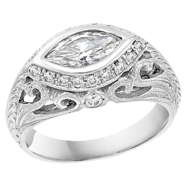 1 Carat Marquise Shape Center Diamond 14 Karat White Gold Ring, Art Deco Style For Sale - Image 15 of 18