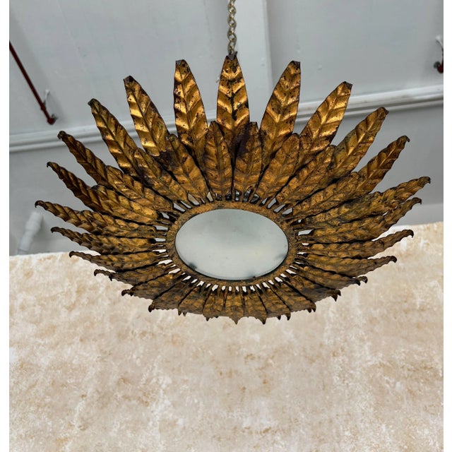 Metal Vintage Spanish Gilt Metal Sunburst Ceiling Fixture For Sale - Image 7 of 12