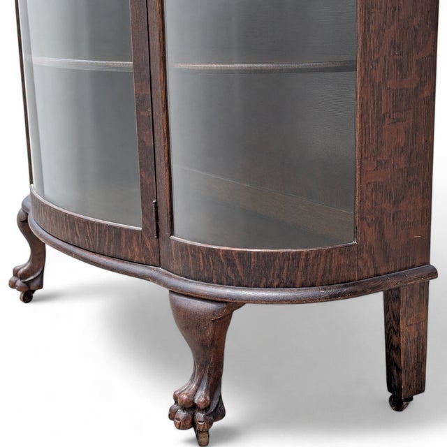 Vintage Oak Bow-Front Curved-Glass China Cabinet With Claw Feet For Sale - Image 9 of 18