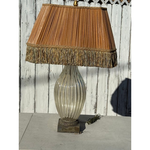 1940s Monumental Murano Glass Lamp With Custom Silk Velvet Fringe Trim Shade For Sale - Image 16 of 17