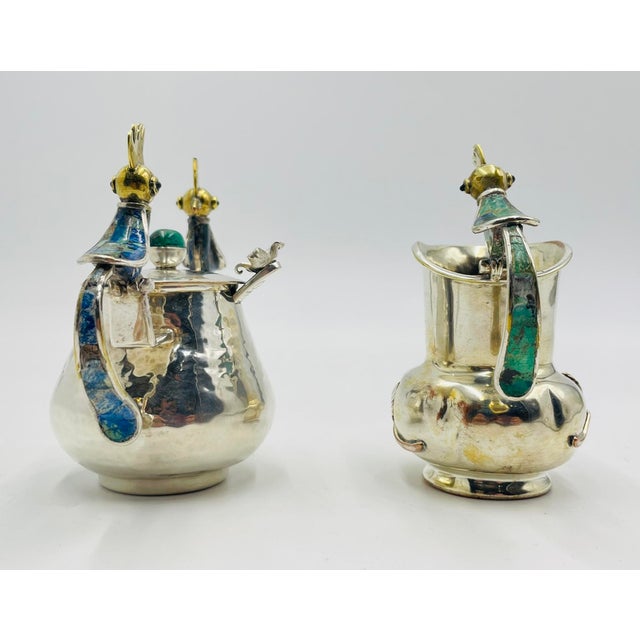 Metal 1960s Los Castillo Taxco Bird of Paradise Creamer & Sugar W Malachite Lapis - a Pair For Sale - Image 7 of 18