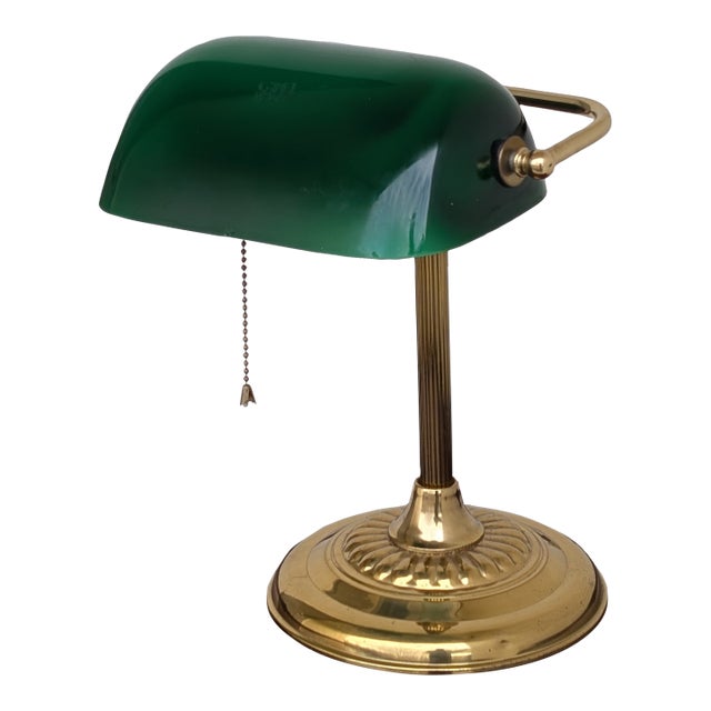 Vintage Brass Art Deco Bankers Lamp With Pull Chain Light For Sale