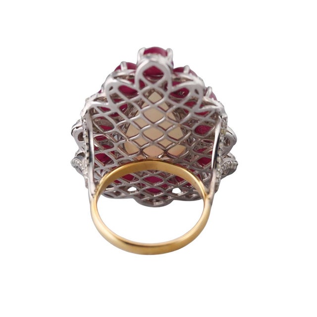 Ruby, Opal and Diamond Pear-Shaped Cocktail Ring, 14k Gold and Sterling Silver For Sale - Image 4 of 8