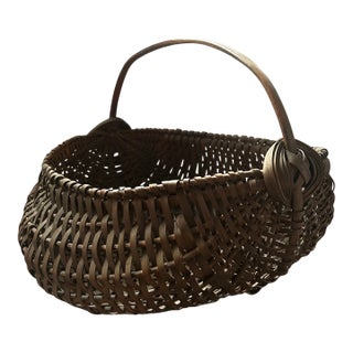 Antique Hand Woven Buttock Egg Basket Rustic Primitive Medium Size Decor Brown For Sale