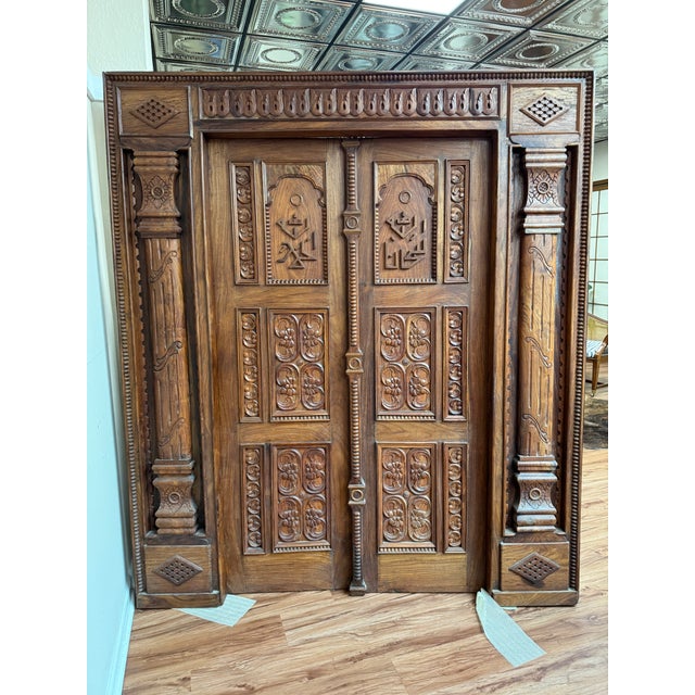 Wood Late 20th Century Large Golden Brown Carved Wooden Doors For Sale - Image 7 of 9