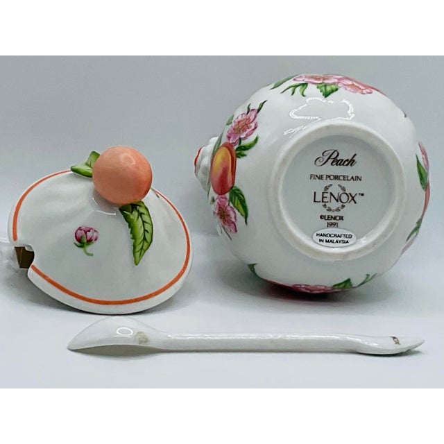 White 1980s Lenox “Orchard” Porcelain Jam & Jelly Jar Set — 6 Jars With Lids, Spoons & Wooden Two-Tier Caddy For Sale - Image 8 of 17