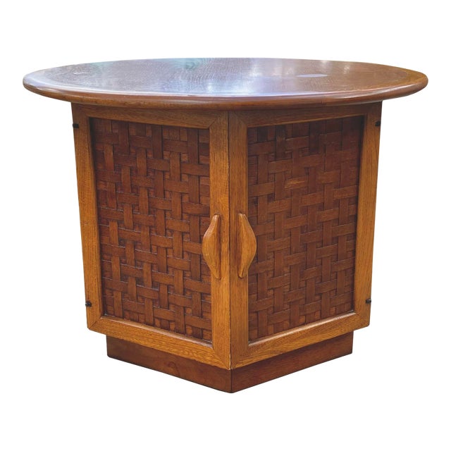 Vintage Lane Perception Side Table with Basketweave Door Fronts With Hexagon Cubby Storage For Sale