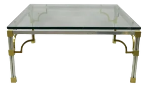 Maison Jansen Style Brushed Aluminum Brass Greek Key Fretwork Glass Coffee Table