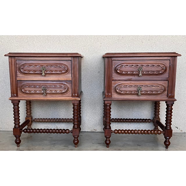 Pair of French Chestnut Bedside Nightstands With Two Drawers, Late 19th Century For Sale - Image 4 of 12