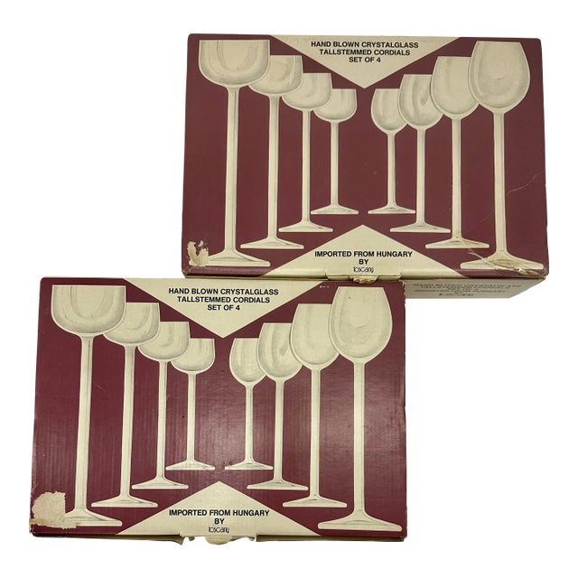 Vintage Tall Stem Set 8 Glasses Glass Crystal Liquor Cordial Port Lot Box NoS Hungary Toscany For Sale