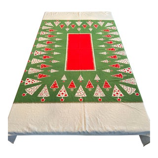 Christmas Tablecloth 72” X 58” Large Rectangle 50s Mid Century Modern Christmas Trees Holiday For Sale