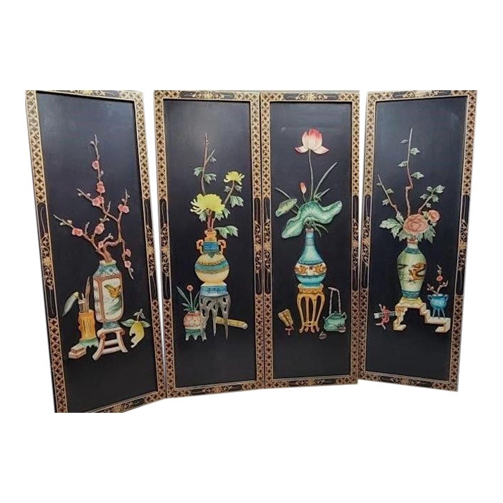 Set of 4 Mid Century Japanese Lacquered Carved Soapstone Wall Panels