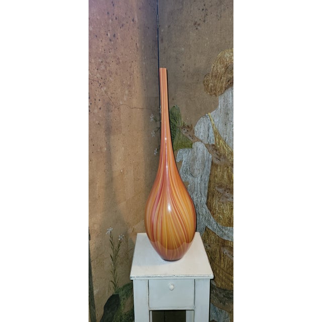 Glass Tall Orange Swirl Art Glass Floor Vase, Mid-Century Modern Style For Sale - Image 7 of 9