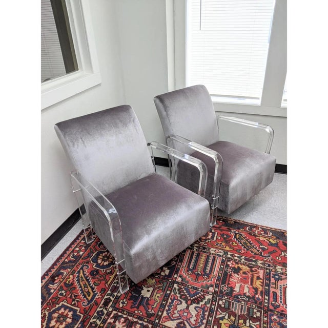 Mid-Century Modern Lucite Velvet Lounge Chairs, a Pair For Sale - Image 3 of 12