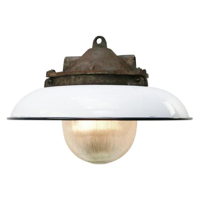 Industrial factory pendant white enamel shade cast iron top striped glass. e26 . E27 depending on destination, all our...