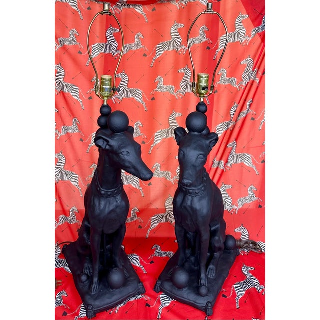 Pair of fabulous unique black Whippet dog lamps!. Composite Whippets with whimsical wood balls make for a stunning pair of...