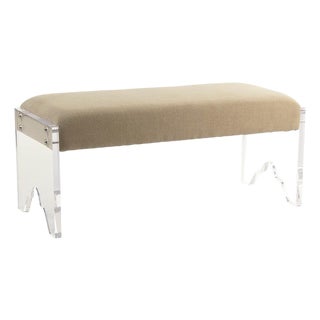 Addie Acrylic Bench with Tan Linen Seat For Sale