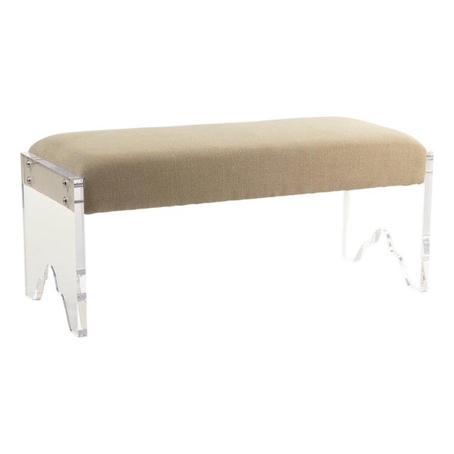 Addie Acrylic Bench with Tan Linen Seat For Sale