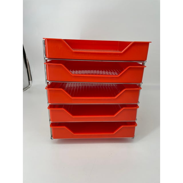 Vintage Danflex desktop file organizer or letter tray.. Five stacked trays with metal holder. Danflex maker stamp under...