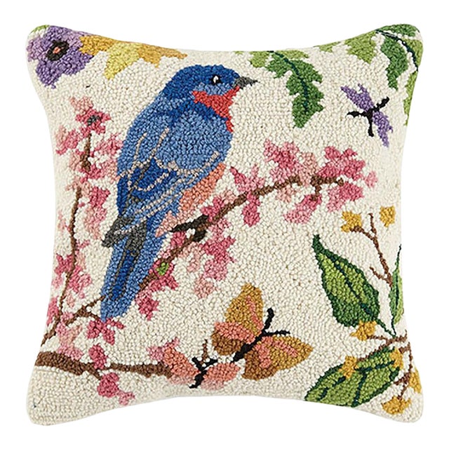 Bluebird Hook Pillow, 16" x 16" For Sale