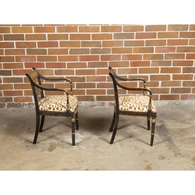 Pair of English Regency Period Early 19th Century Black and Gold Armchairs For Sale In Atlanta - Image 6 of 12