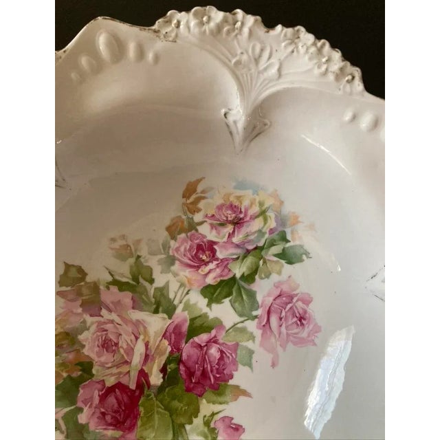 Early 20th Century German White and Pink Rose Porcelain Serving Bowl by Prussia- Large For Sale - Image 9 of 12