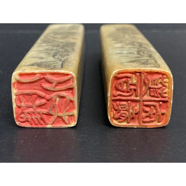 Late 20th Century Pair of Vintage Chinese Art Carved Soapstone Seal With Mountain Scenery and Poem Design For Sale - Image 5 of 6