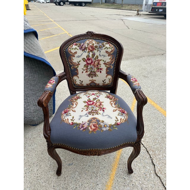 Vintage French Slate Blue Needlepoint Arm Chair For Sale - Image 9 of 12