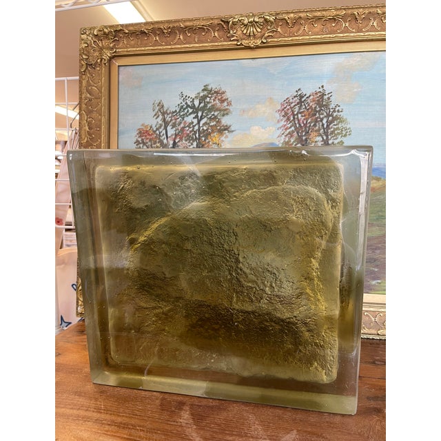 Vintage Brutalist Style Cast Glass Block Sculpture With Textured Relief Surface For Sale - Image 4 of 10