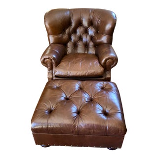 Ralph Lauren Leather Writer's Chair & Ottoman For Sale