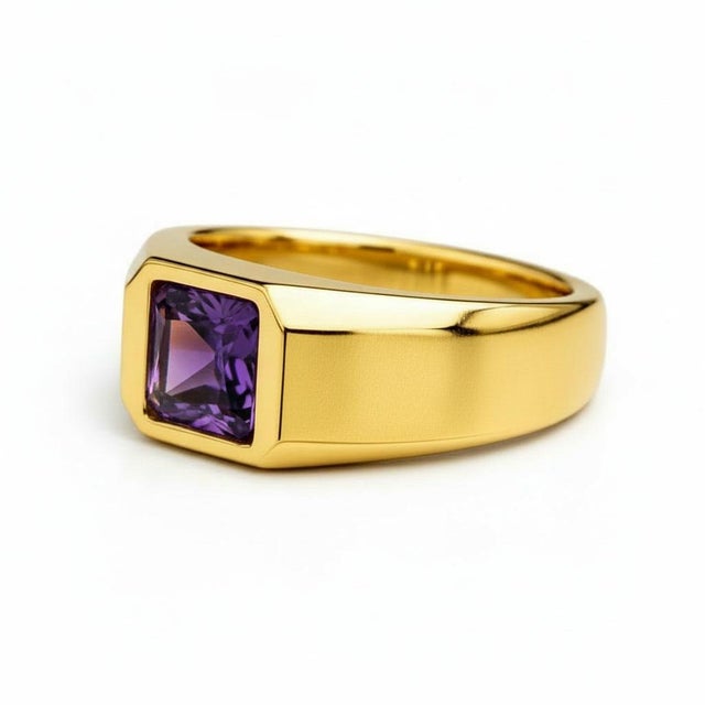 Modern Signet Ring With Amethyst for Men Silver, Gold, Size 10 For Sale - Image 3 of 5