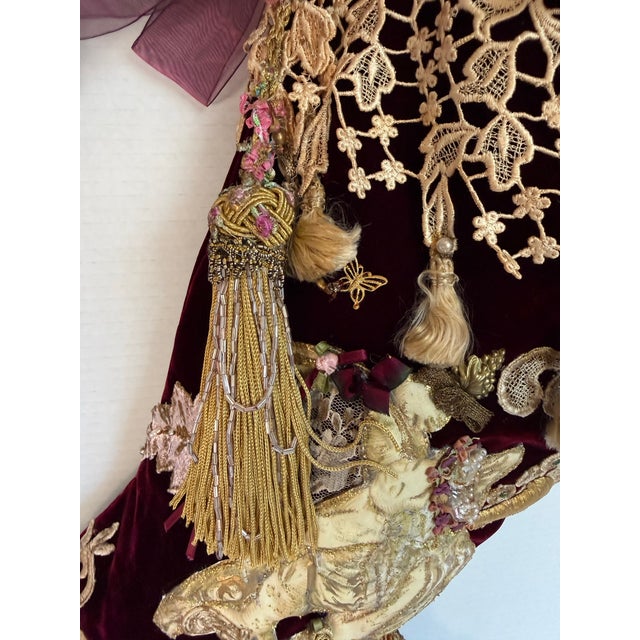 Victorian Victorian Style Burgundy Velvet Christmas Stocking With Cherub, Lace & Tassels For Sale - Image 3 of 14