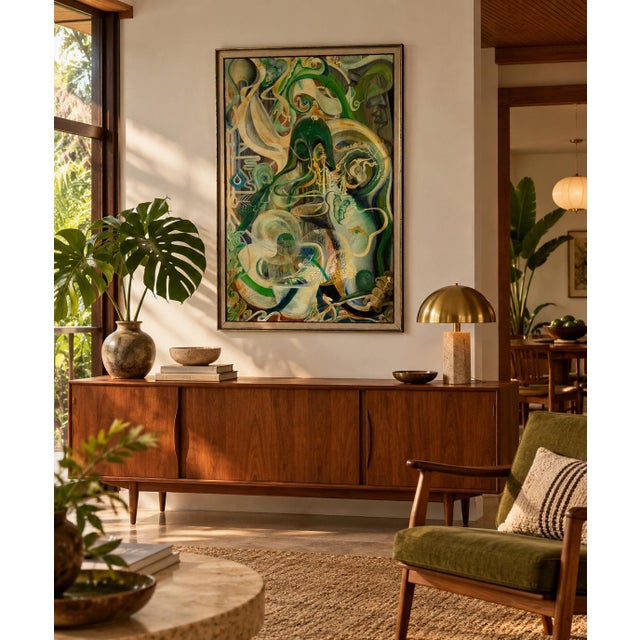 Striking 1970s original oil painting on plywood by Barbara Conger, featuring a highly expressive abstract composition with...