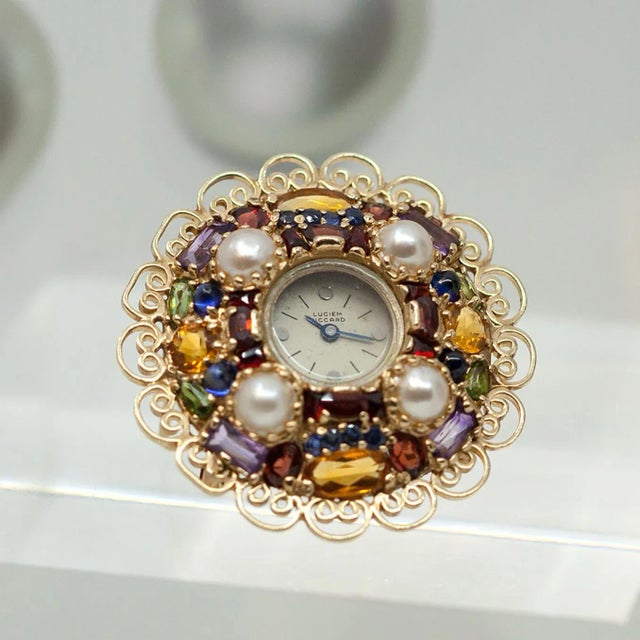 Metal 1950s Vintage Lucien Piccard 14k Pearl Multi-Color Gemstone Watch Brooch For Sale - Image 7 of 12