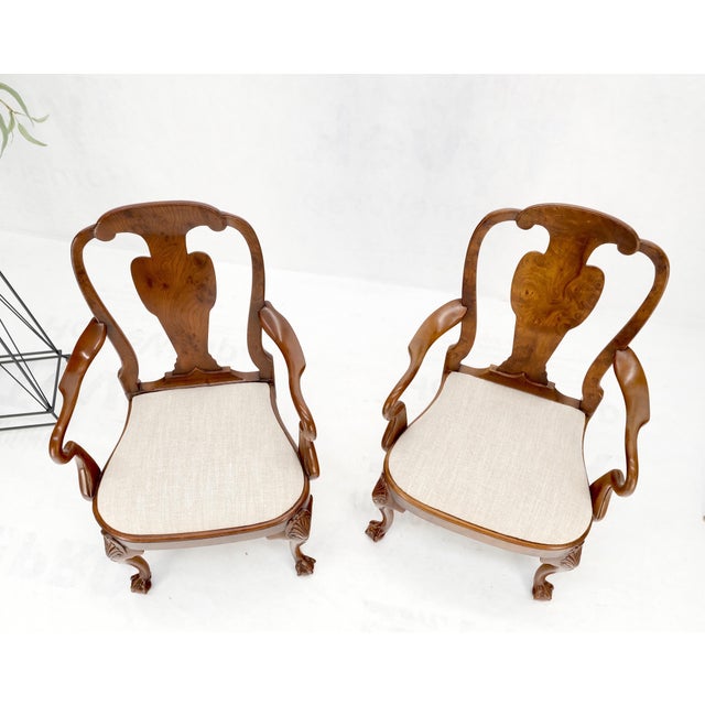 Pair of Carved Burl Wood New Oatmeal Linen Upholstery Armchairs Mint! For Sale - Image 16 of 16