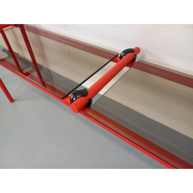 Vintage Italian Bauhaus Style Bookcase in Red Metal and Smoked Glass, 1970s For Sale - Image 9 of 15