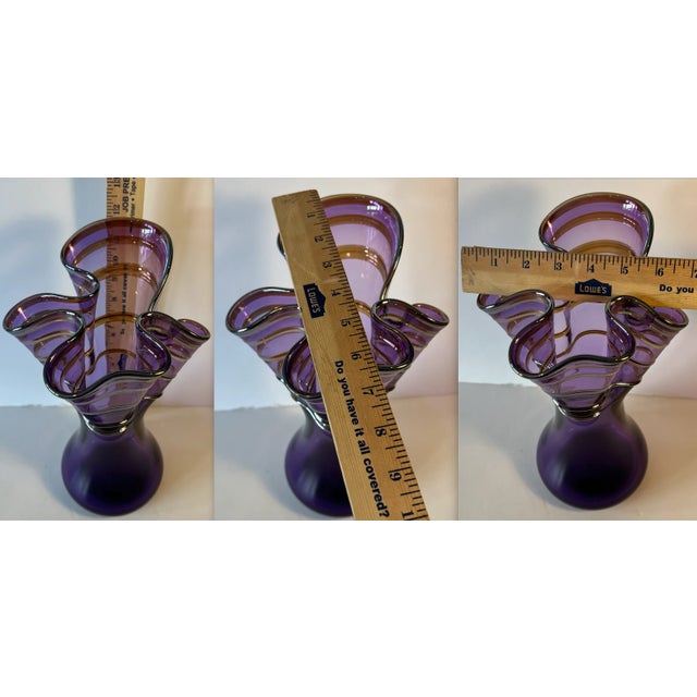 Signed Rich Pitkethly Art Glass Amethyst Handkerchief Vase With Swirled Lines For Sale - Image 12 of 12