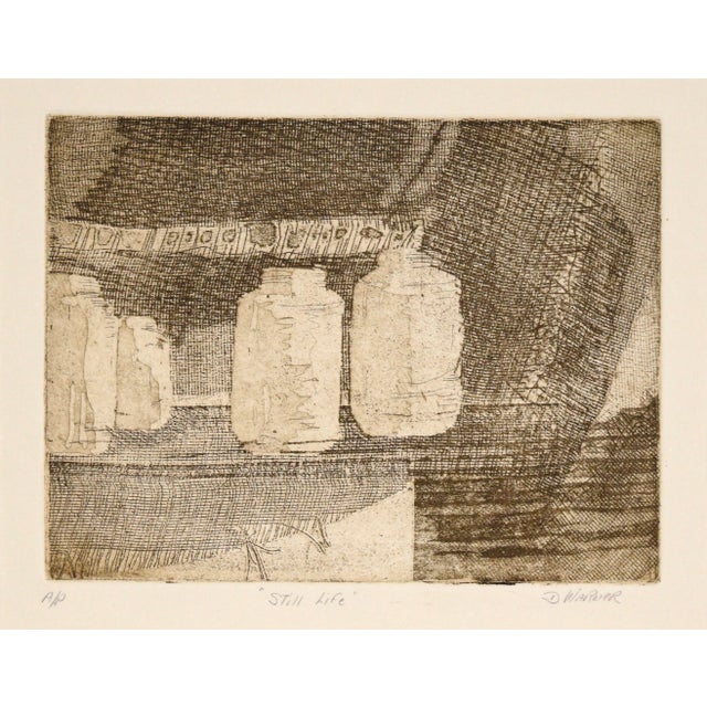 Still life etching with jars by Doris Ann Warner (American, 1925-2010). Four jars sit on a countertop. Overlapping fabric...