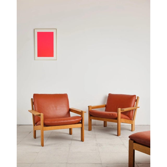 Brutalist Oak and Leather with Lounge Chairs, Ottoman and Coffee Table by Tage Poulsen, Denmark, 1960s, Set of 4 For Sale - Image 6 of 18