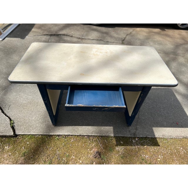 Vintage Industrial Steel Work Desk With Blue Frame and White Formica Top For Sale - Image 9 of 9
