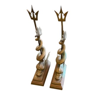 A Pair of Large Cast Bronze Dolphin Serpent Trident Doorstops For Sale