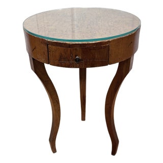 Vintage Italian Style Burl Wood Drum Side Table With Drawer and Glass Top For Sale