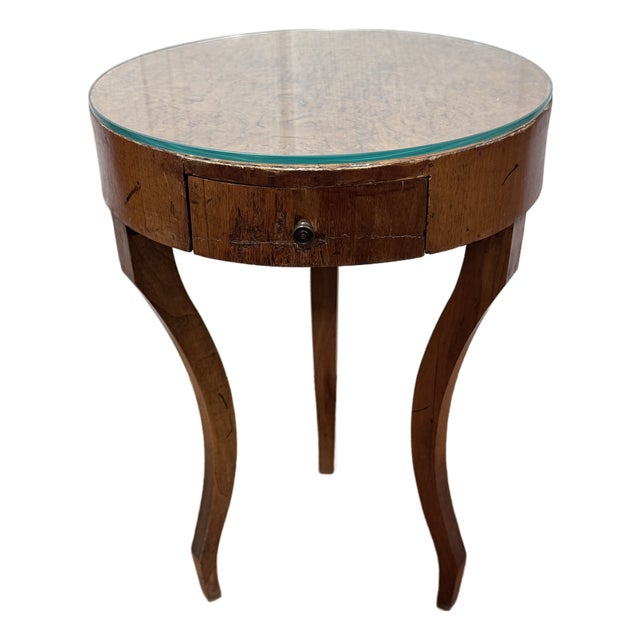 Vintage Italian Style Burl Wood Drum Side Table With Drawer and Glass Top For Sale