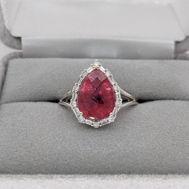 2020s Pink Tourmaline Ring With Natural Diamond Halo: Solid 14k Gold, Pear Cut 11x8mm, Size 6.75 For Sale - Image 5 of 10