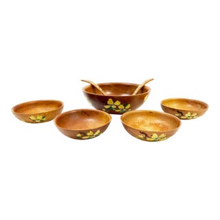 1960's Mid-Century Wooden Dall-Craft Floral Hand Painted Salad Bowl Serving Set - 7 Pieces For Sale